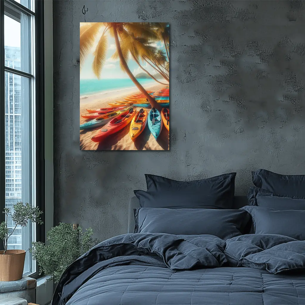 Colorful Kayaks On Tropical Beach Palm Trees – Wall Art