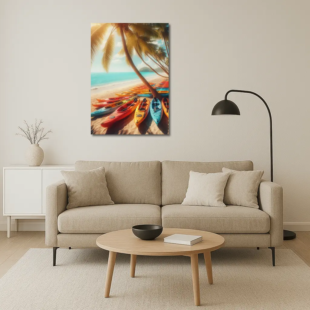 Colorful Kayaks On Tropical Beach Palm Trees – Wall Art
