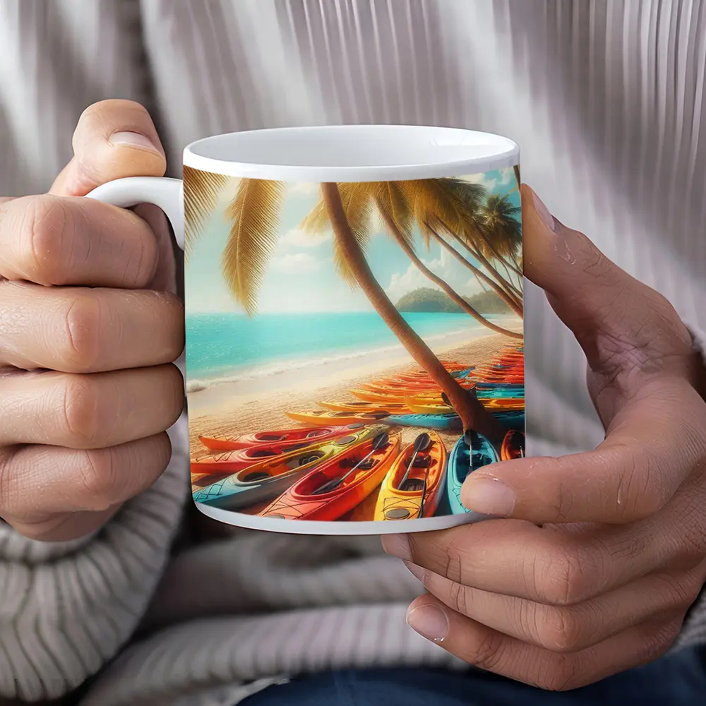 Colorful Kayaks On Tropical Beach Palm Trees – Mugs