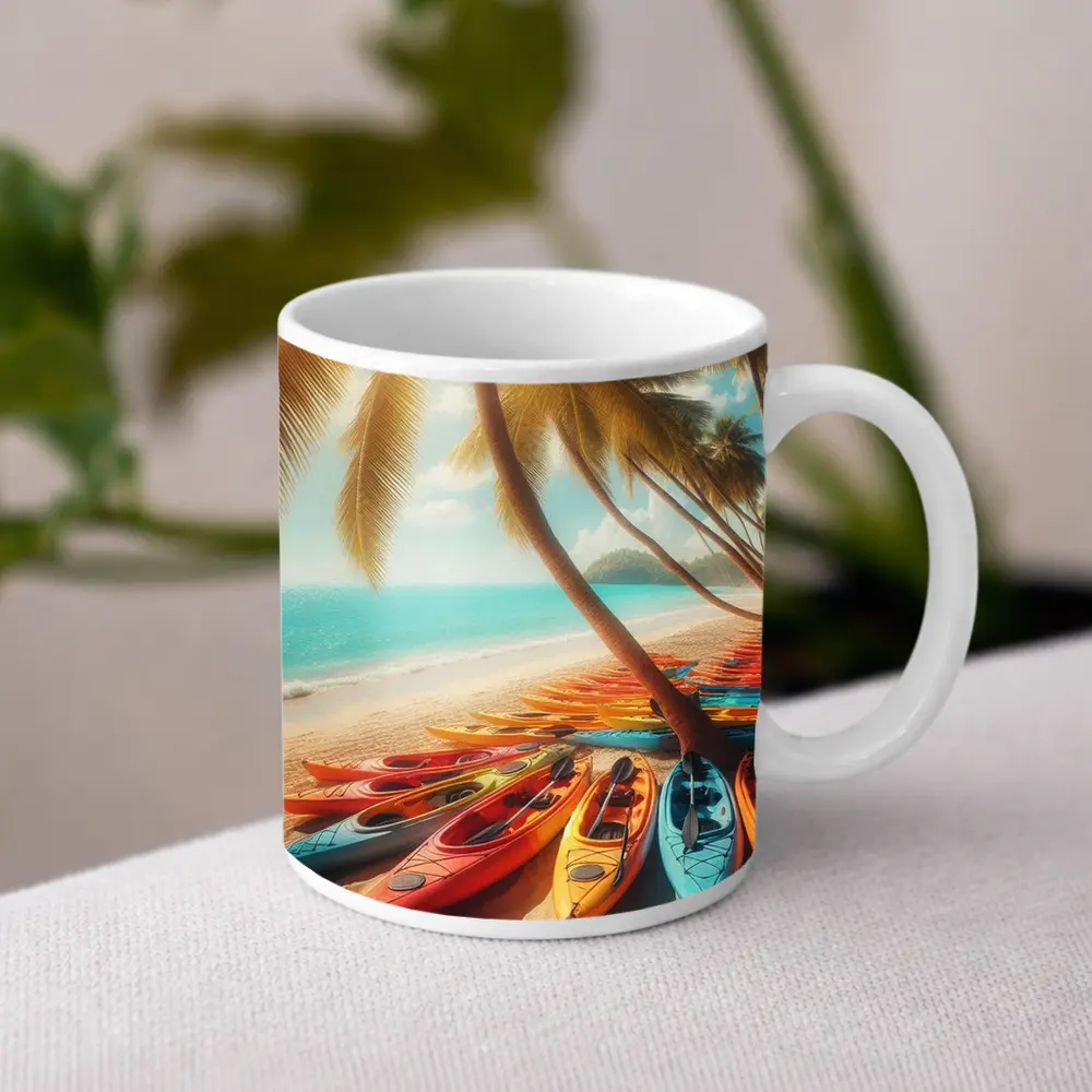 Colorful Kayaks On Tropical Beach Palm Trees – Mugs