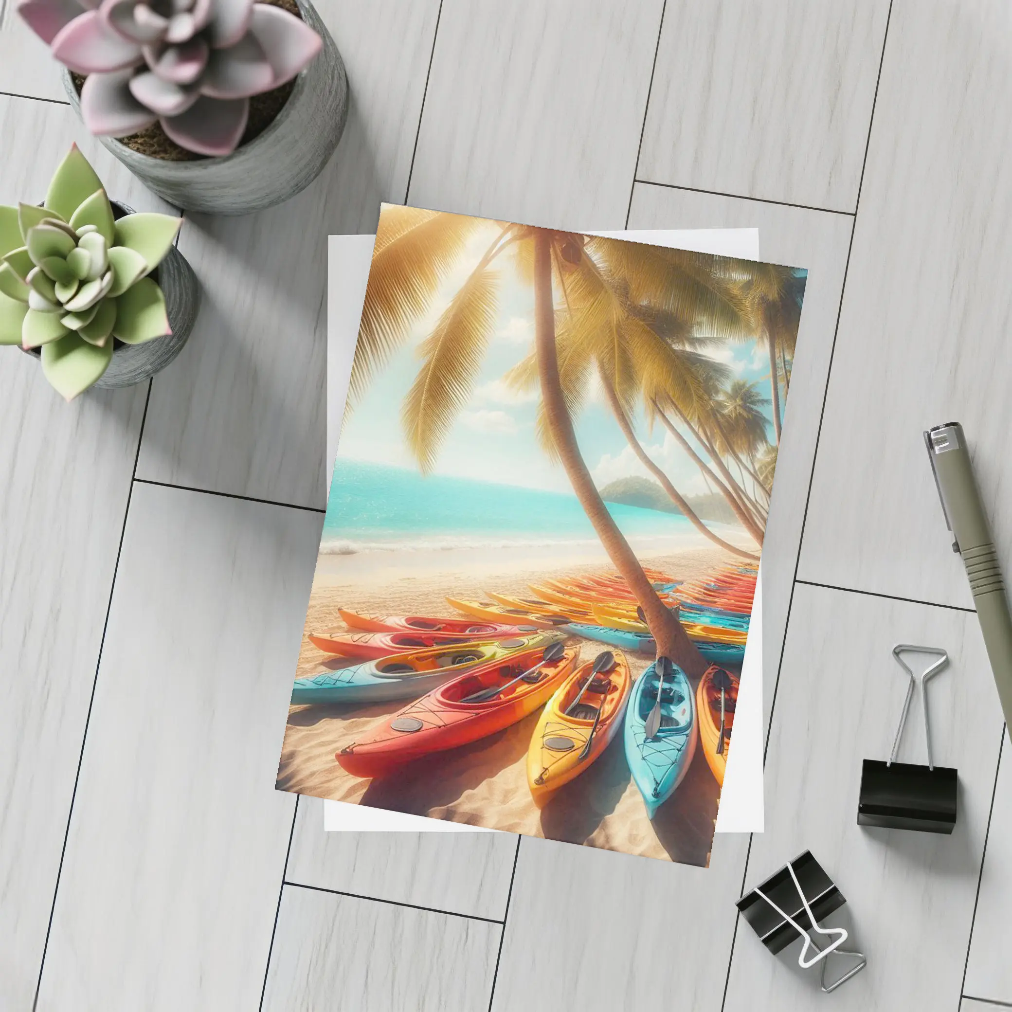 Colorful Kayaks On Tropical Beach Palm Trees – Postcards