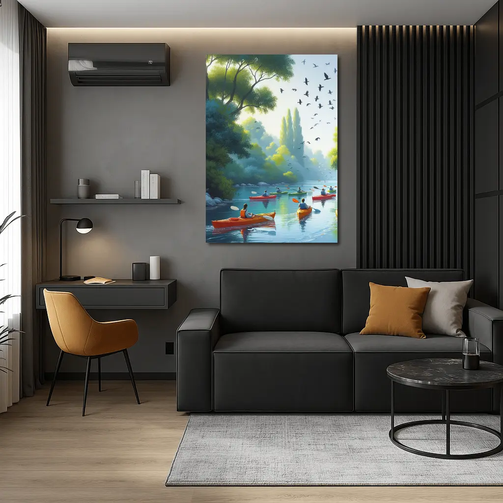 Kayakers Paddling River Surrounded By Trees – Wall Art