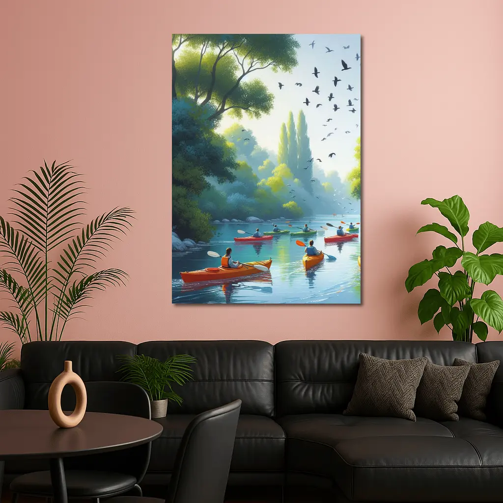 Kayakers Paddling River Surrounded By Trees – Wall Art