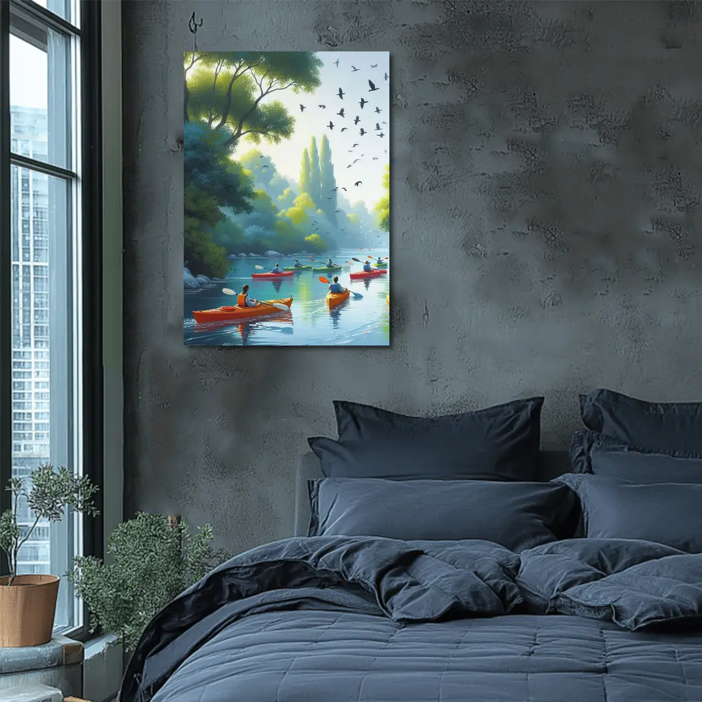 Kayakers Paddling River Surrounded By Trees – Wall Art