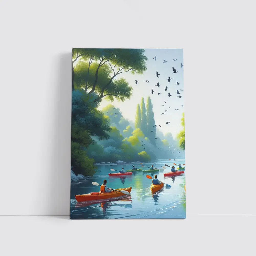 Kayakers Paddling River Surrounded By Trees – Wall Art