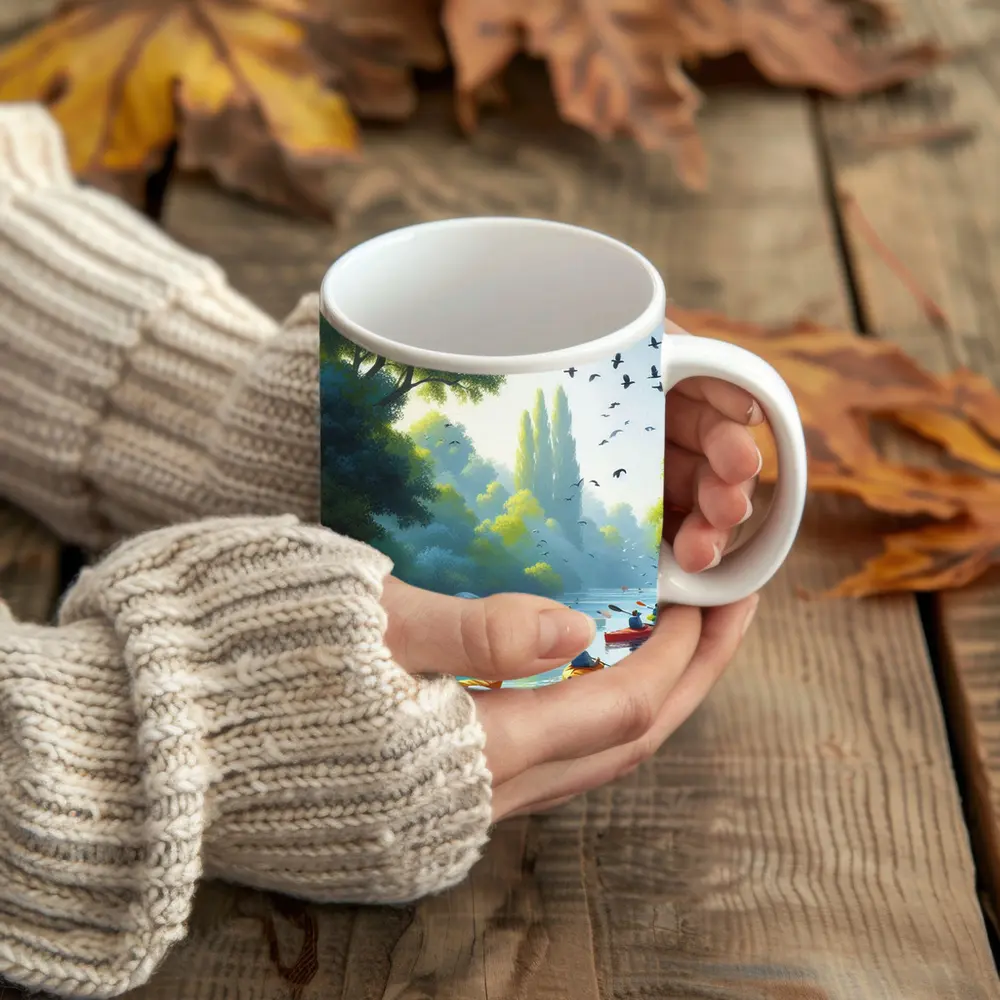 Kayakers Paddling River Surrounded By Trees – Mugs