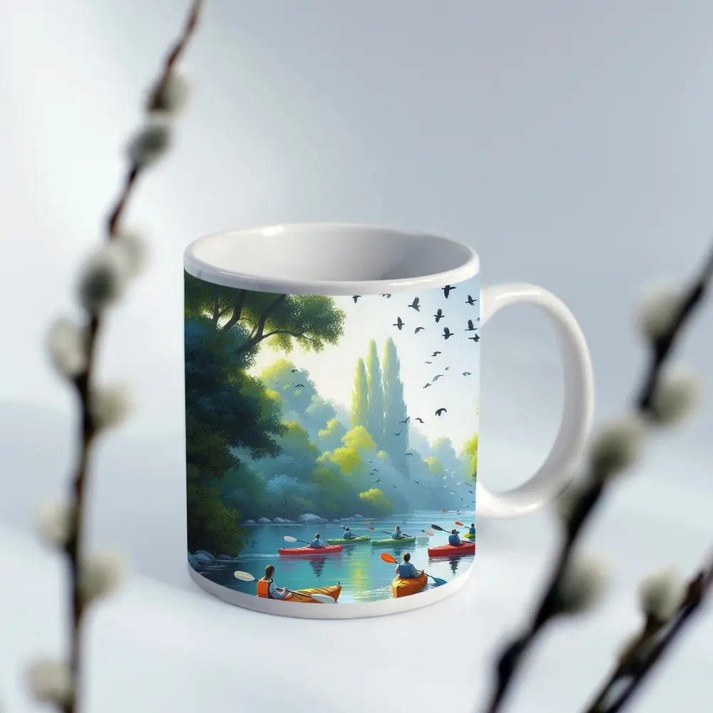 Kayakers Paddling River Surrounded By Trees – Mugs