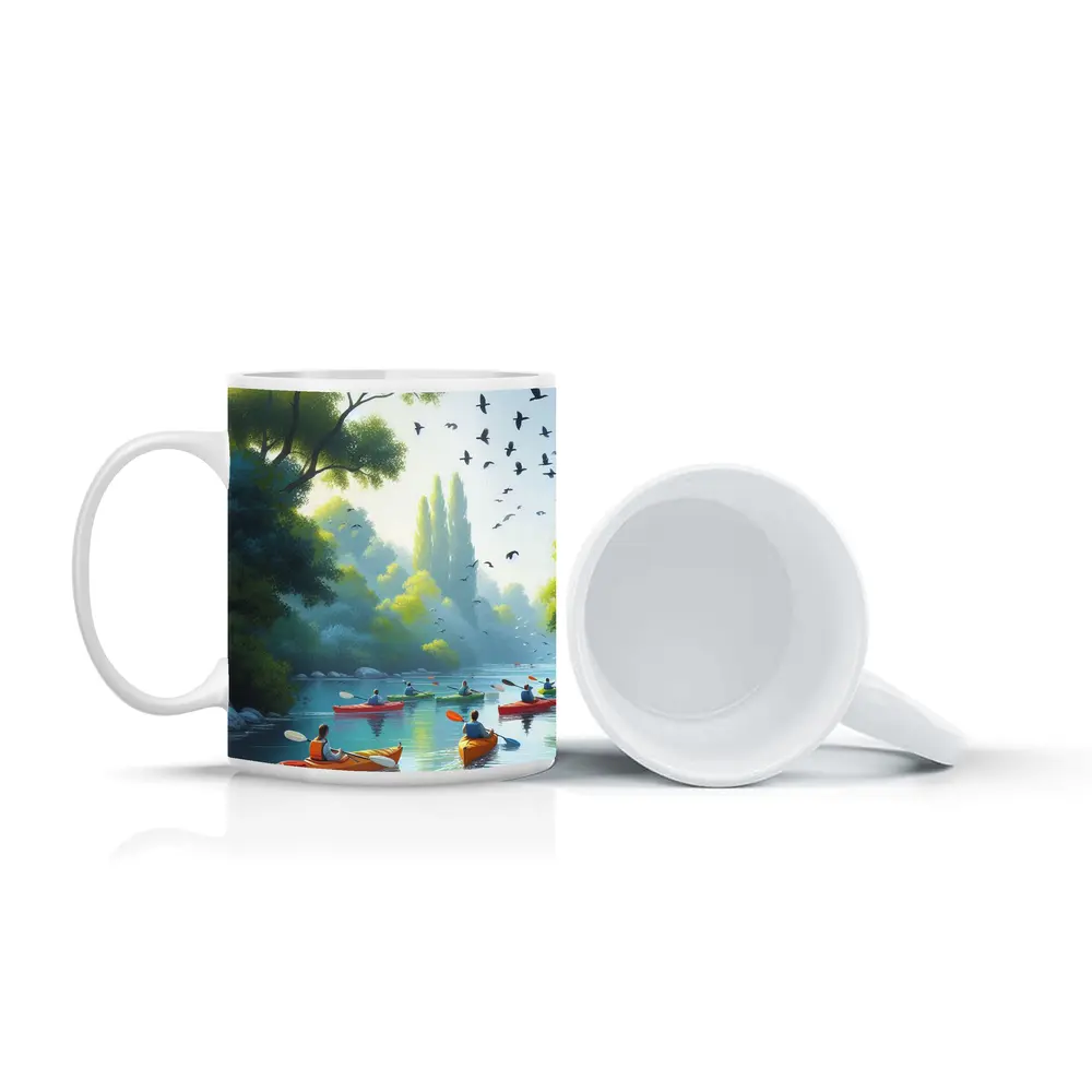 Kayakers Paddling River Surrounded By Trees – Mugs