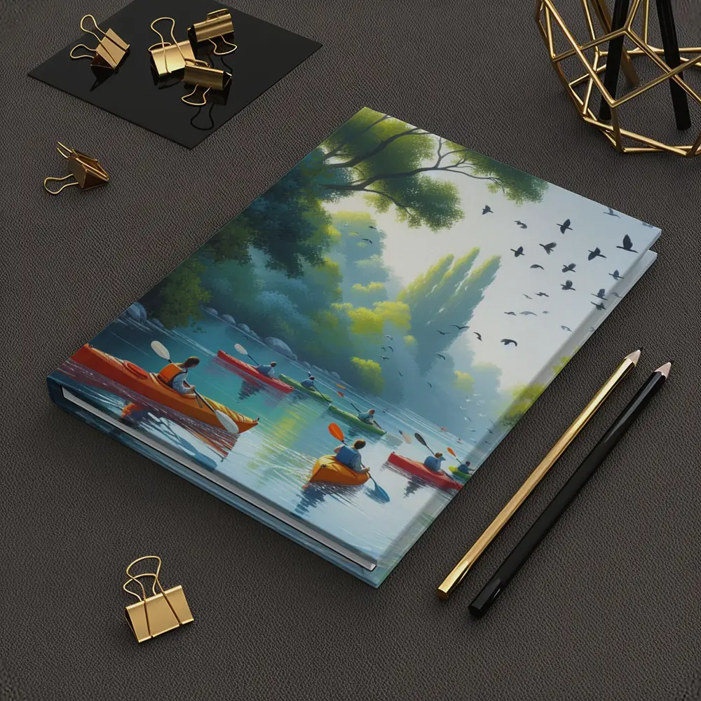 Kayakers Paddling River Surrounded By Trees – Notebooks