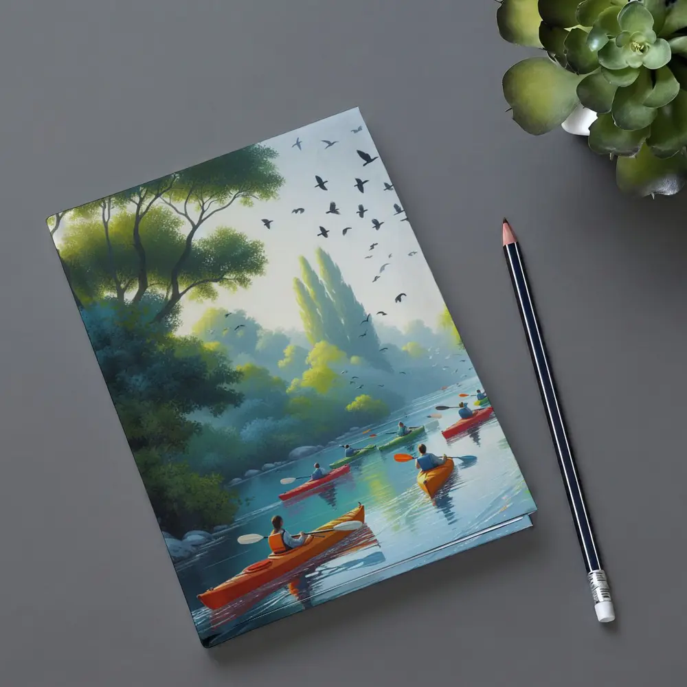 Kayakers Paddling River Surrounded By Trees – Notebooks
