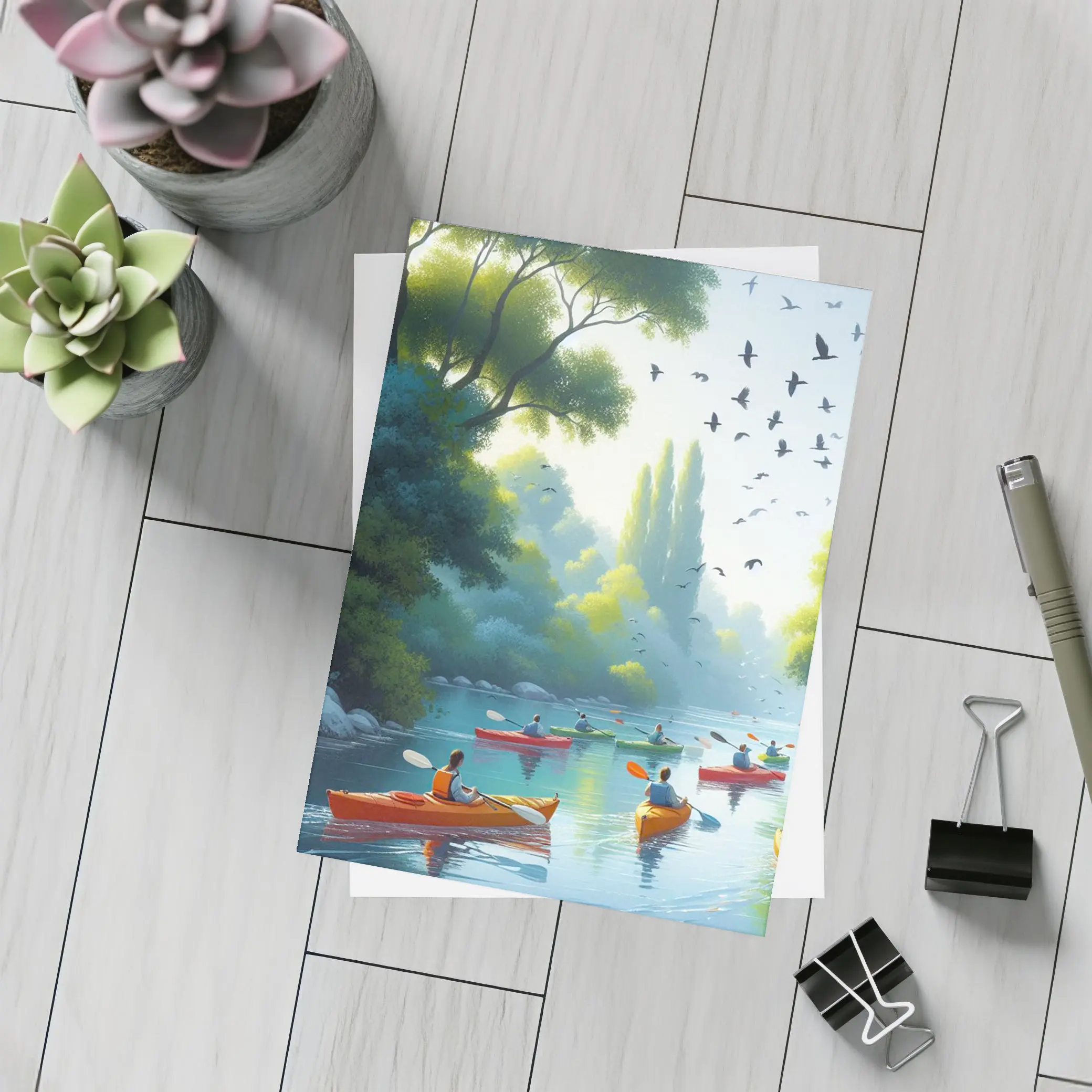 Kayakers Paddling River Surrounded By Trees – Postcards