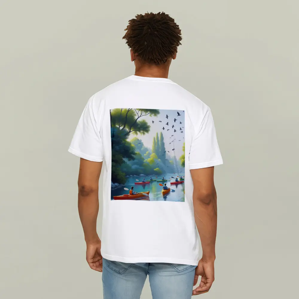 Kayakers Paddling River Surrounded By Trees – T-Shirts
