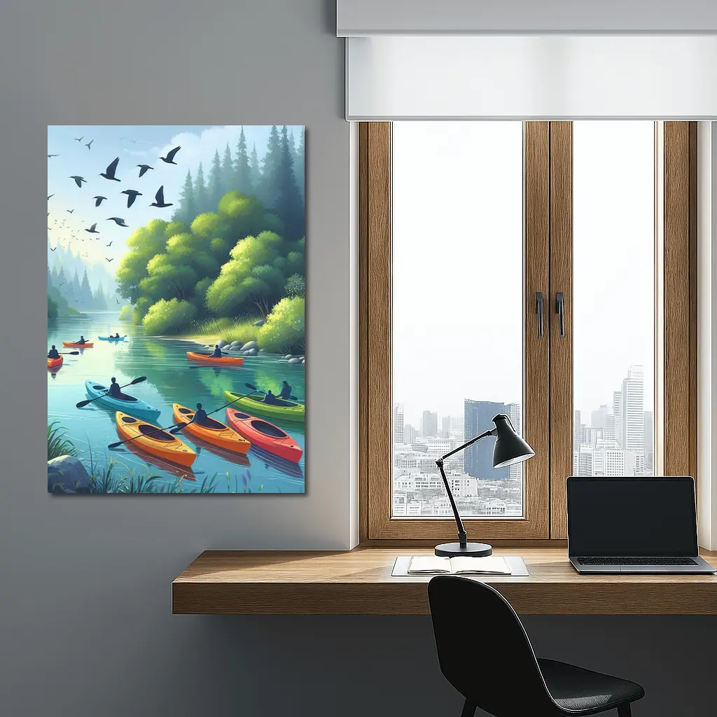 Kayakers Paddling Calm Forest River Scene – Wall Art