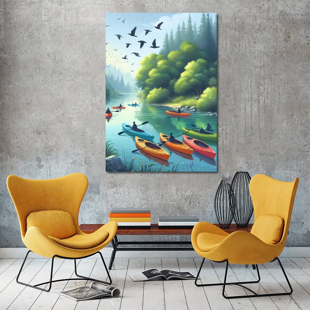Kayakers Paddling Calm Forest River Scene – Wall Art