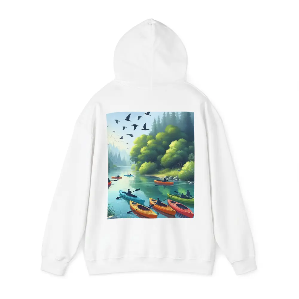 Kayakers Paddling Calm Forest River Scene – Hoodies