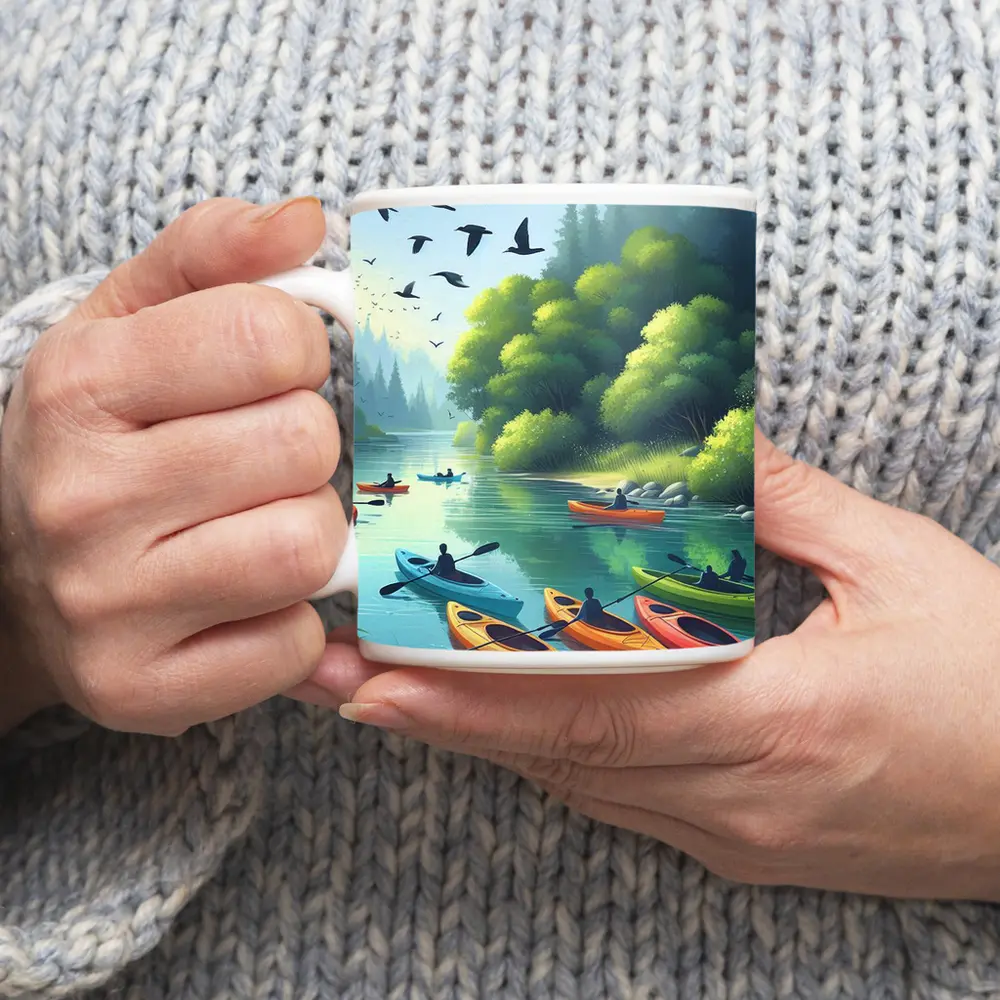 Kayakers Paddling Calm Forest River Scene – Mugs