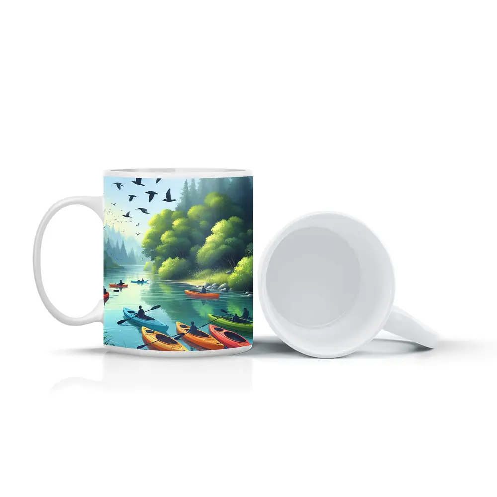 Kayakers Paddling Calm Forest River Scene – Mugs
