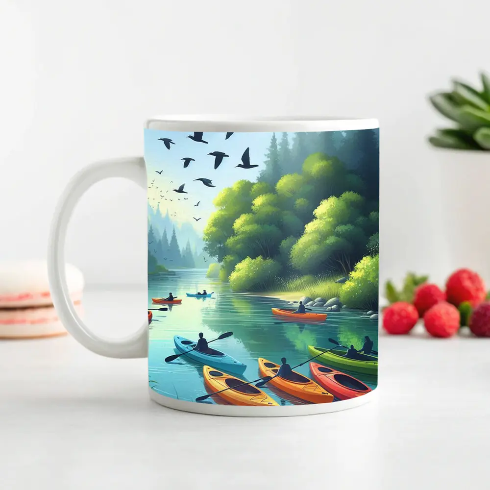 Kayakers Paddling Calm Forest River Scene – Mugs