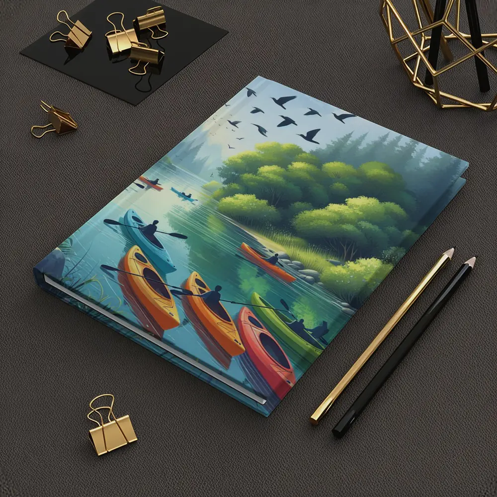 Kayakers Paddling Calm Forest River Scene – Notebooks