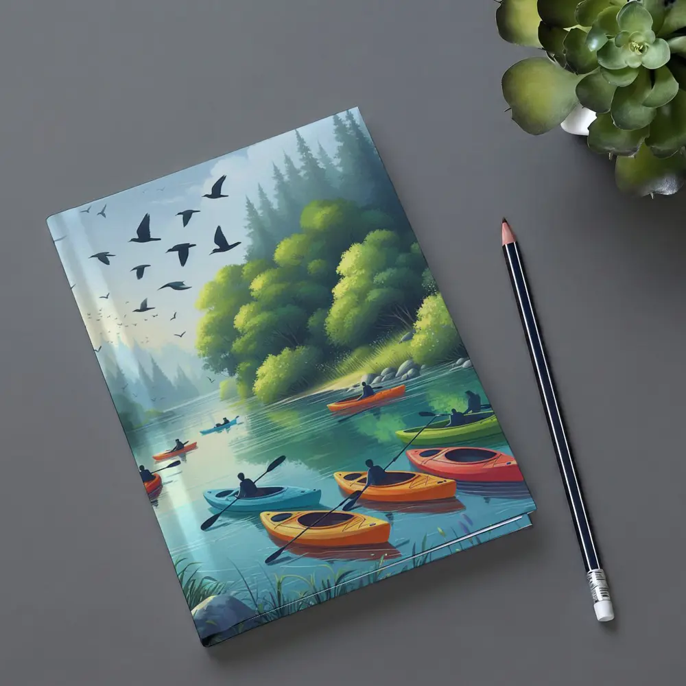 Kayakers Paddling Calm Forest River Scene – Notebooks