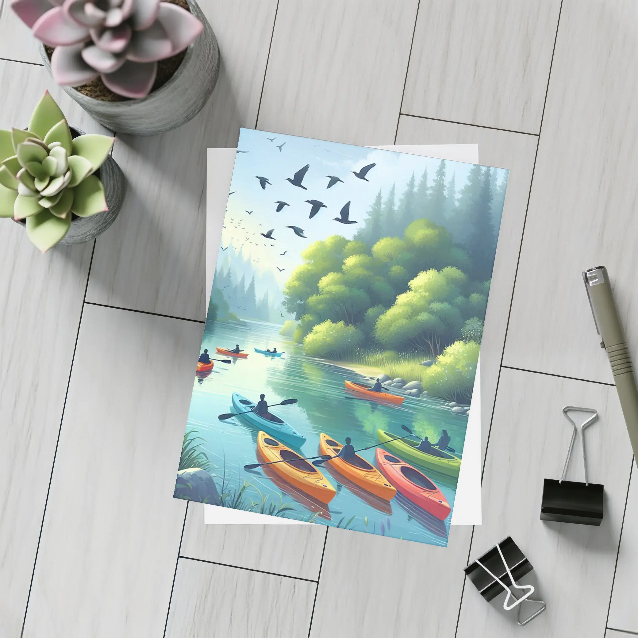 Kayakers Paddling Calm Forest River Scene – Postcards