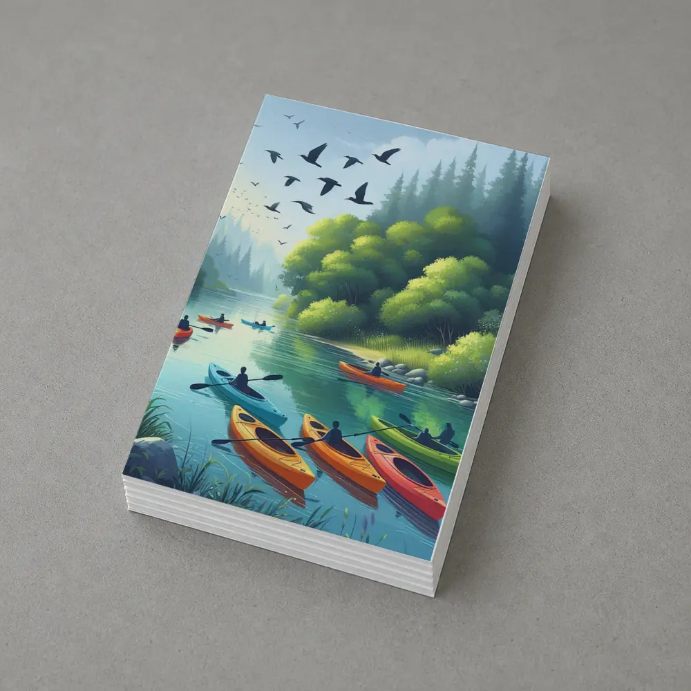 Kayakers Paddling Calm Forest River Scene – Postcards
