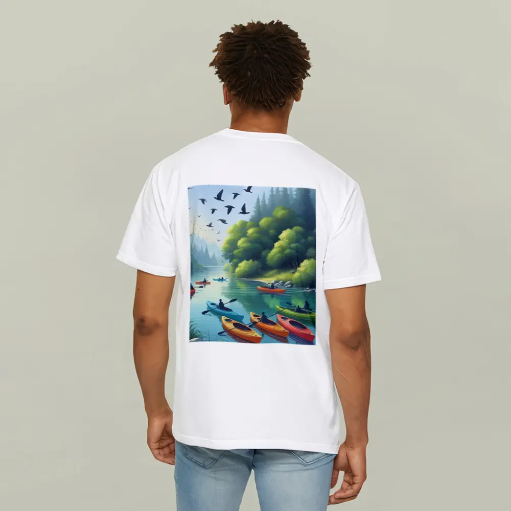 Kayakers Paddling Calm Forest River Scene – T-Shirts