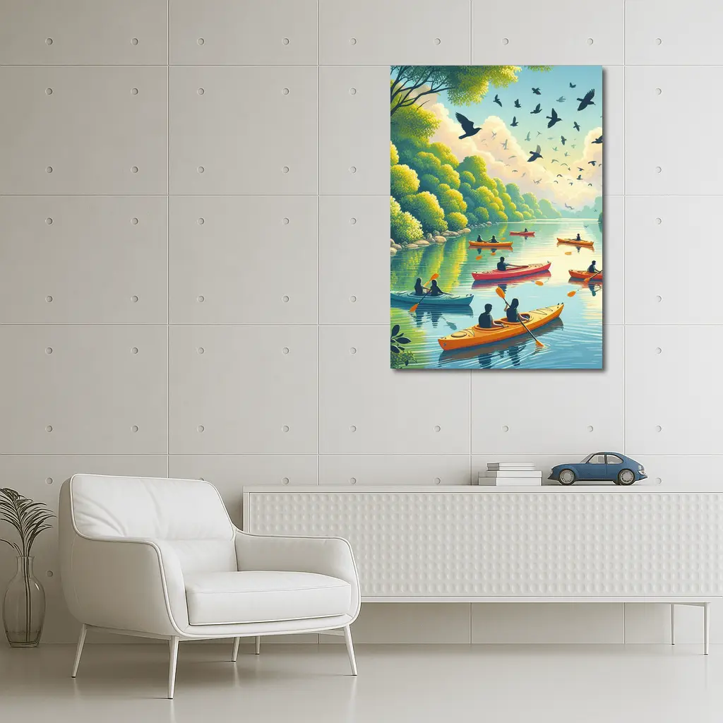 Kayaking on Calm River With Birds – Wall Art