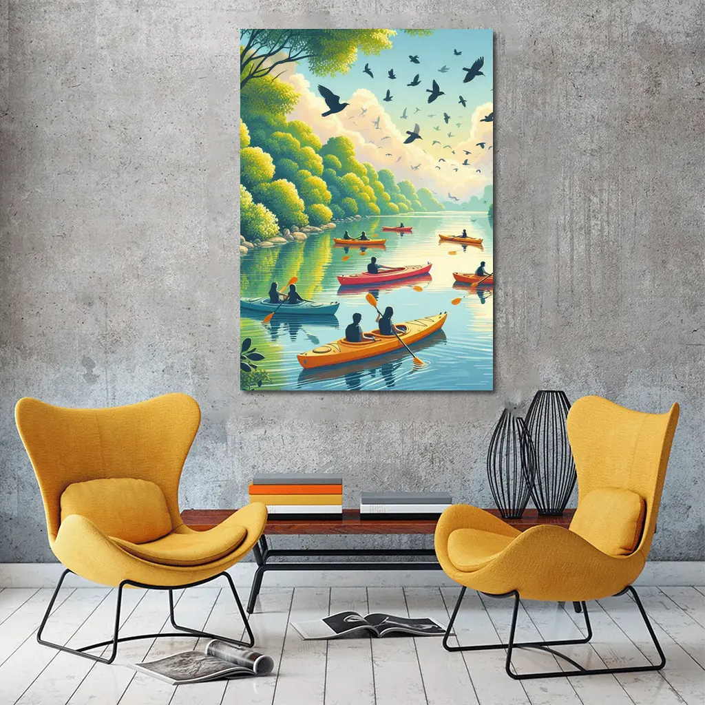 Kayaking on Calm River With Birds – Wall Art