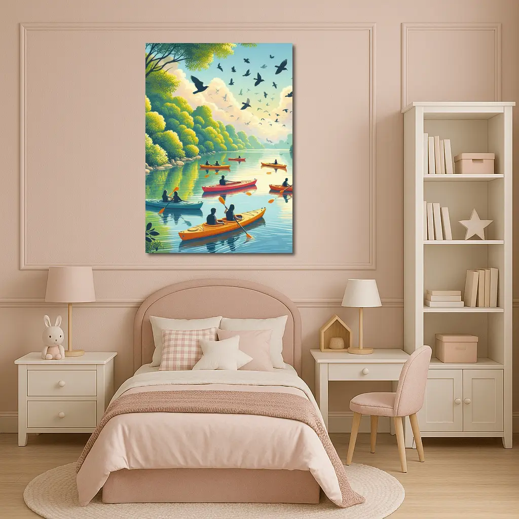 Kayaking on Calm River With Birds – Wall Art