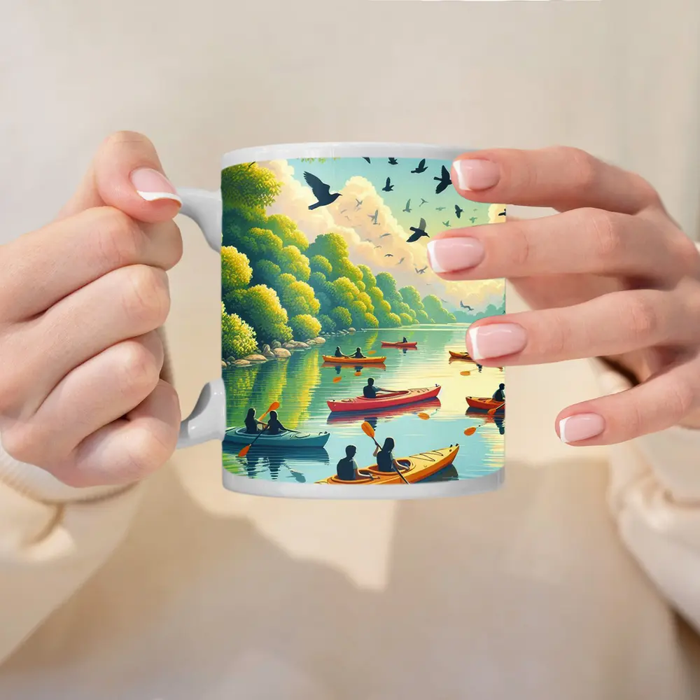 Kayaking on Calm River With Birds – Mugs