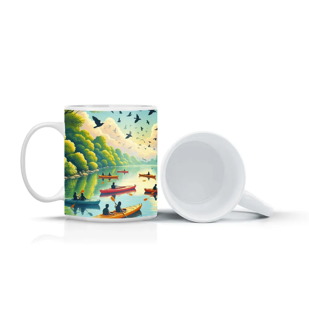 Kayaking on Calm River With Birds – Mugs