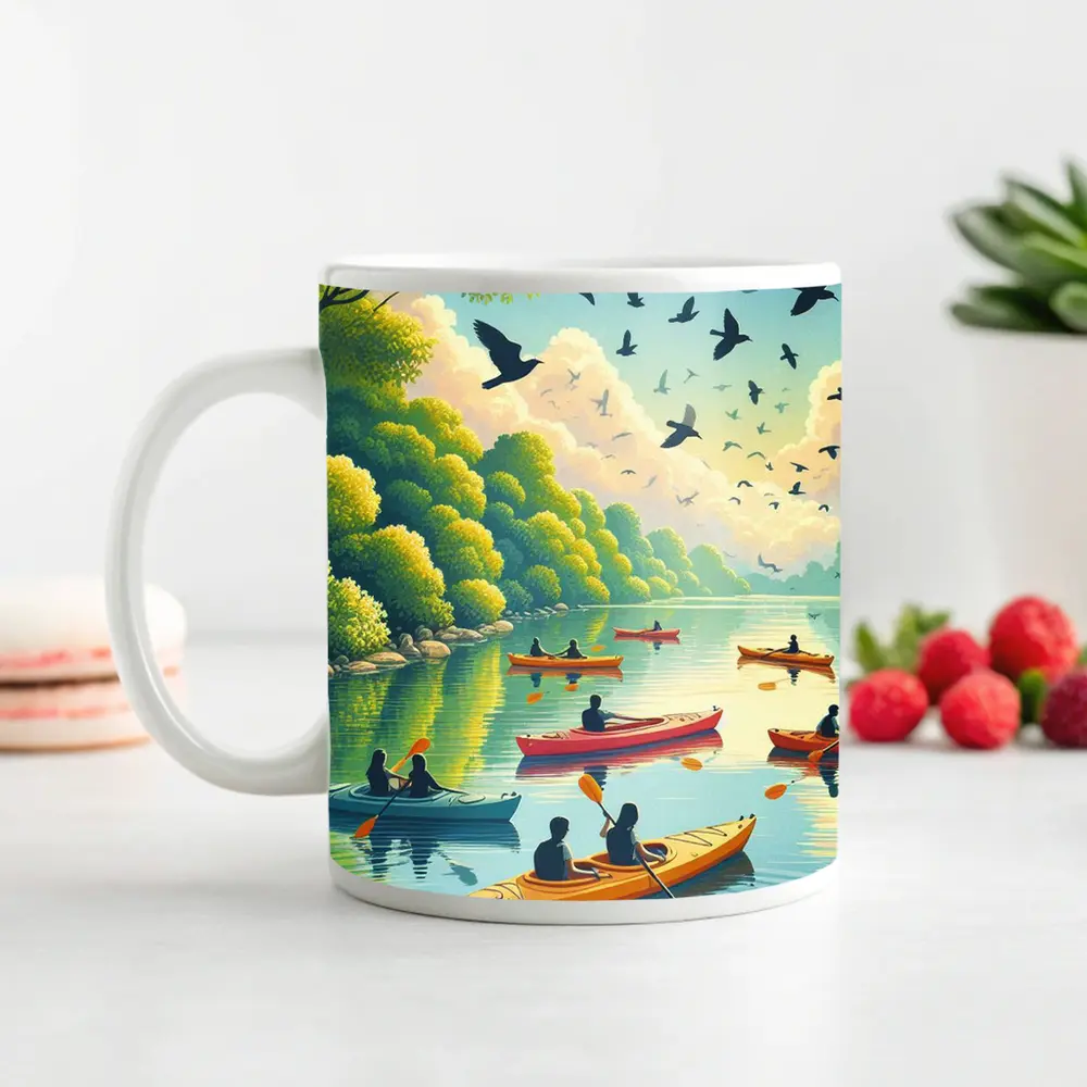Kayaking on Calm River With Birds – Mugs