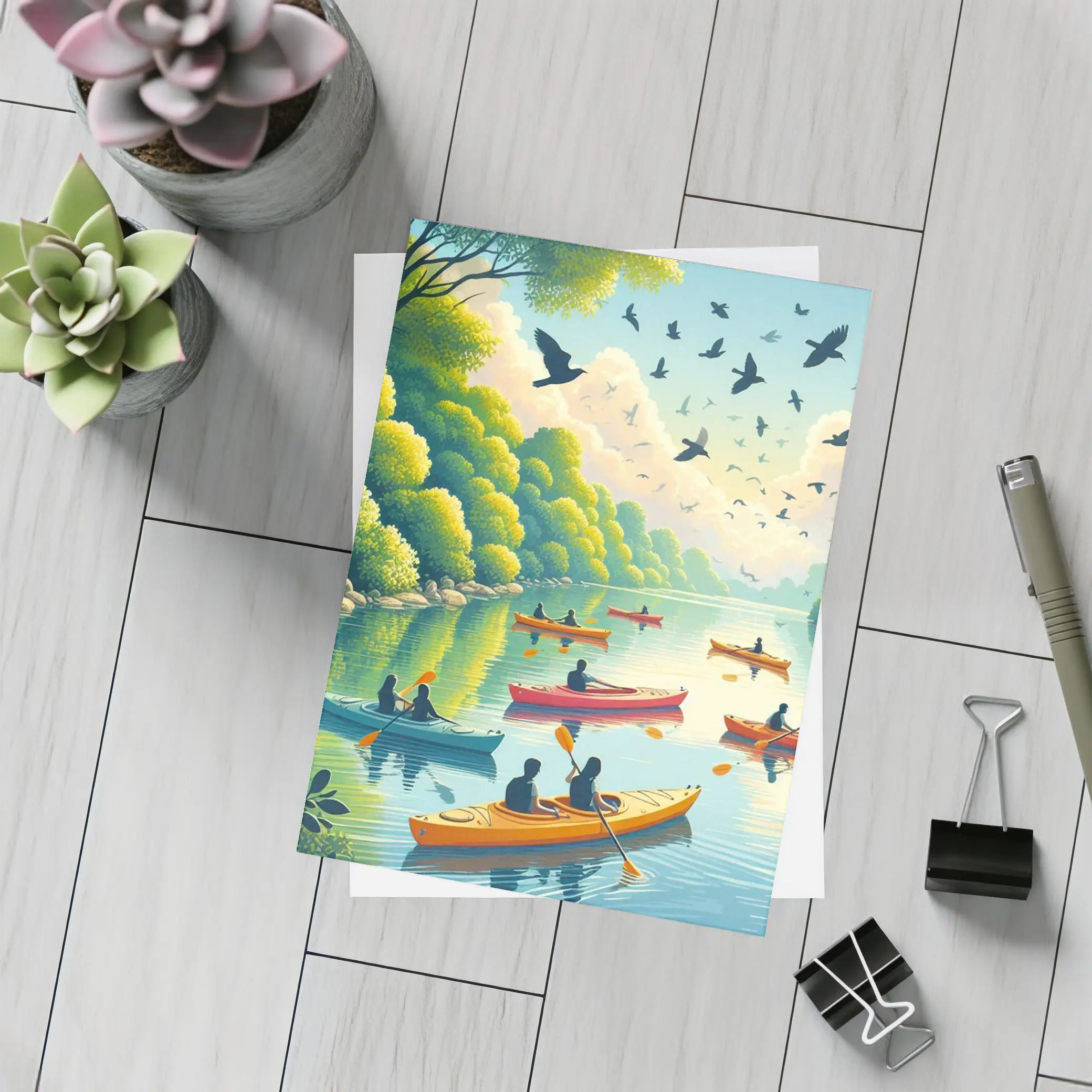 Kayaking on Calm River With Birds – Postcards