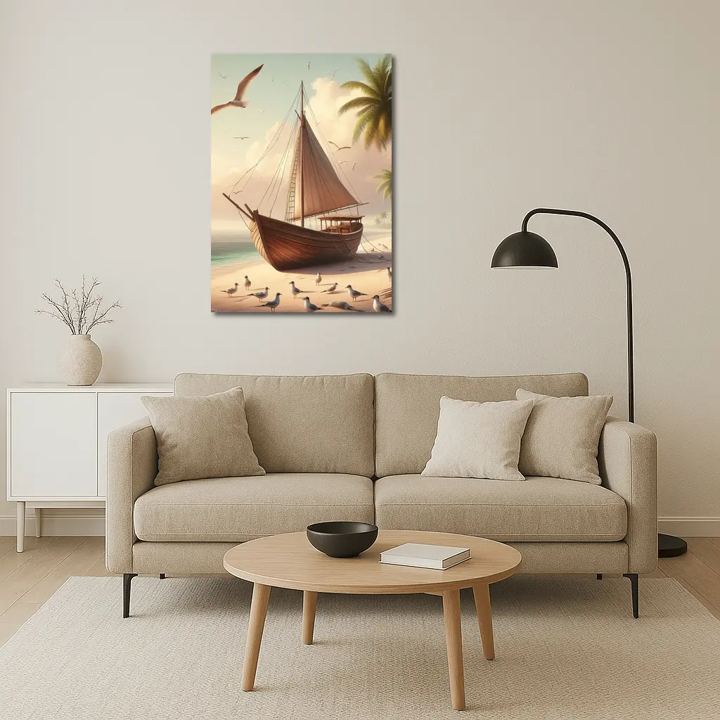 Wooden Sailboat Beach Scene With Seagulls – Wall Art
