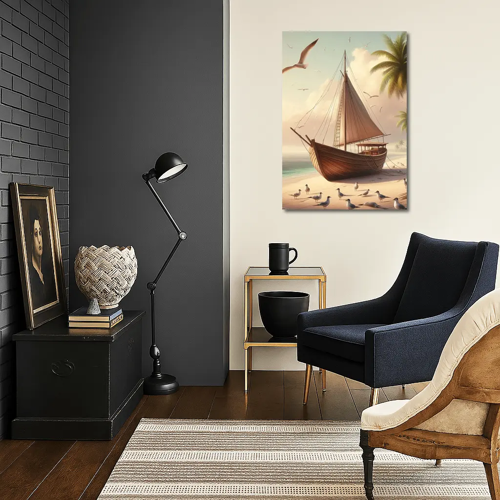 Wooden Sailboat Beach Scene With Seagulls – Wall Art