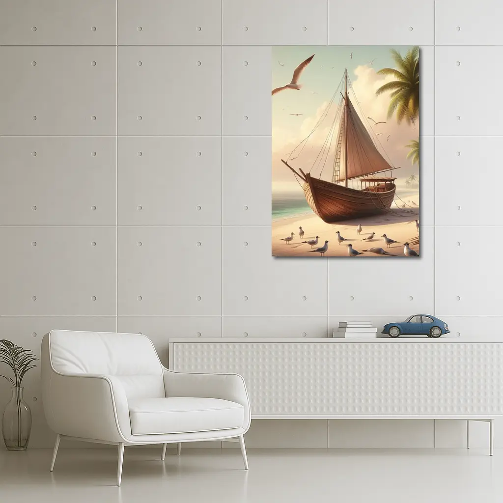 Wooden Sailboat Beach Scene With Seagulls – Wall Art