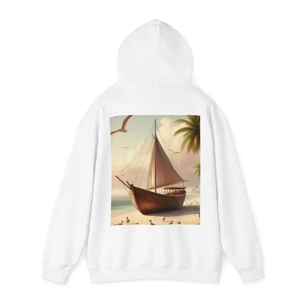 Wooden Sailboat Beach Scene With Seagulls – Hoodies