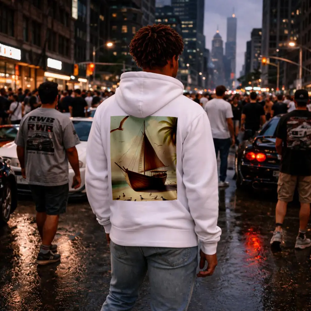 Wooden Sailboat Beach Scene With Seagulls – Hoodies