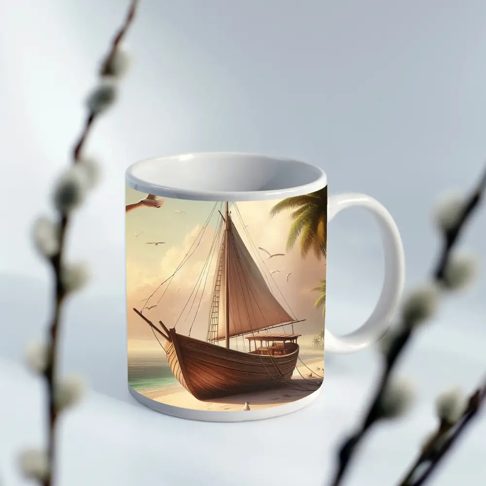 Wooden Sailboat Beach Scene With Seagulls – Mugs
