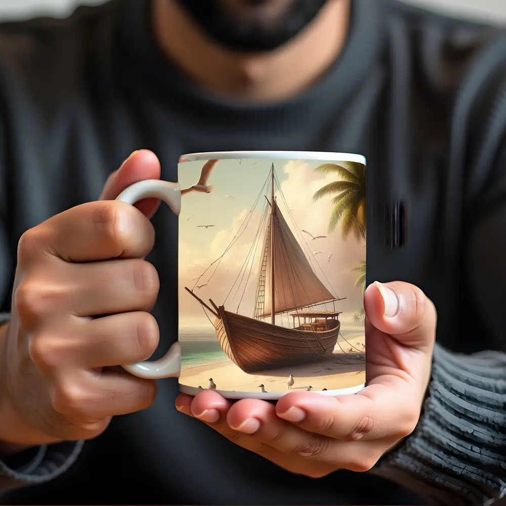 Wooden Sailboat Beach Scene With Seagulls – Mugs