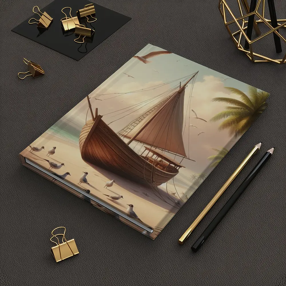 Wooden Sailboat Beach Scene With Seagulls – Notebooks