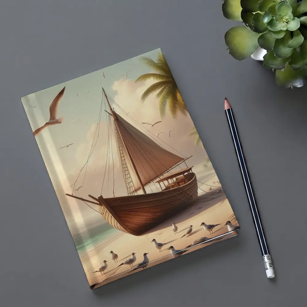 Wooden Sailboat Beach Scene With Seagulls – Notebooks