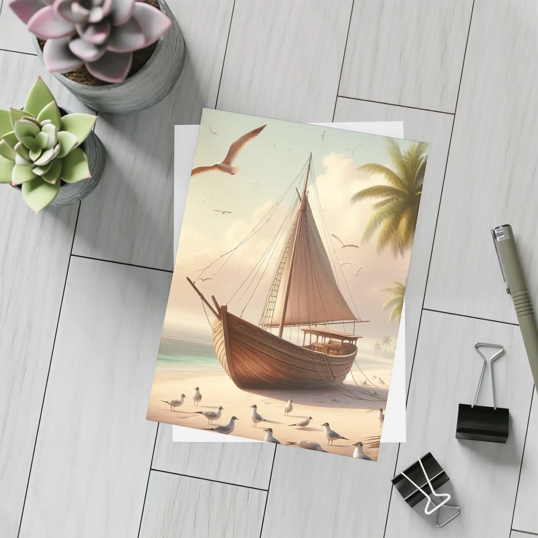 Wooden Sailboat Beach Scene With Seagulls – Postcards