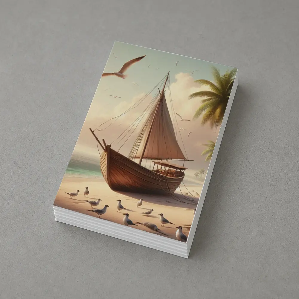Wooden Sailboat Beach Scene With Seagulls – Postcards
