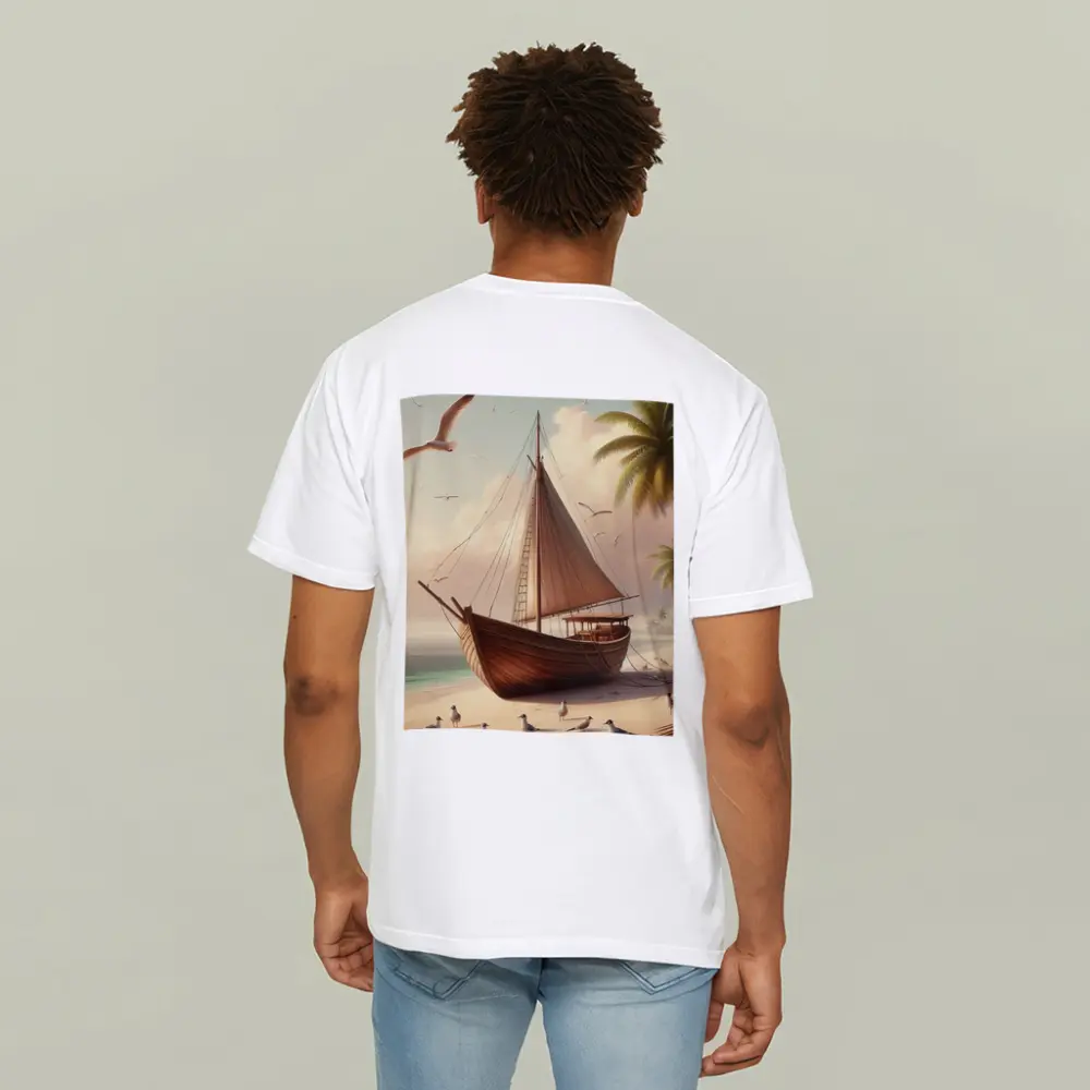 Wooden Sailboat Beach Scene With Seagulls – T-Shirts