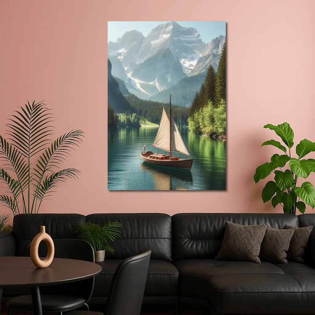 Sailboat on Calm Alpine Mountain Lake – Wall Art