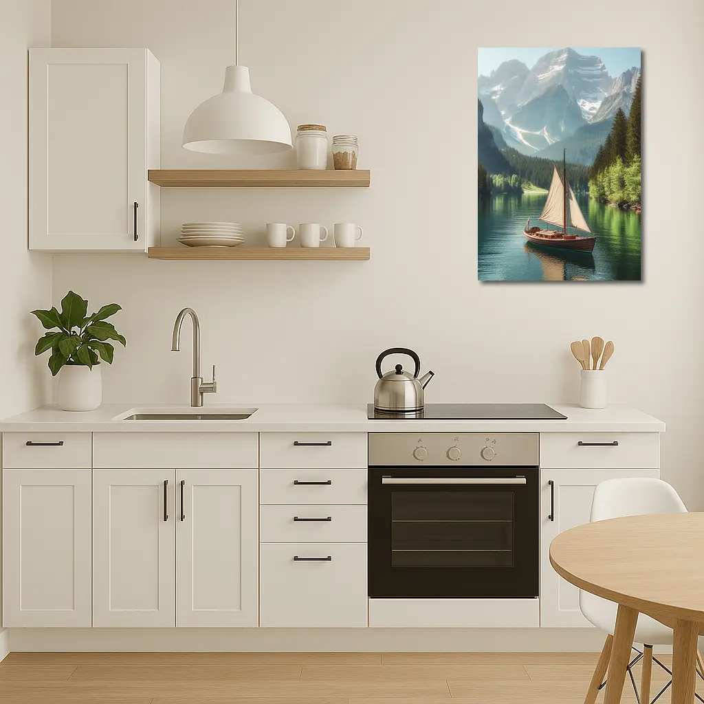Sailboat on Calm Alpine Mountain Lake – Wall Art