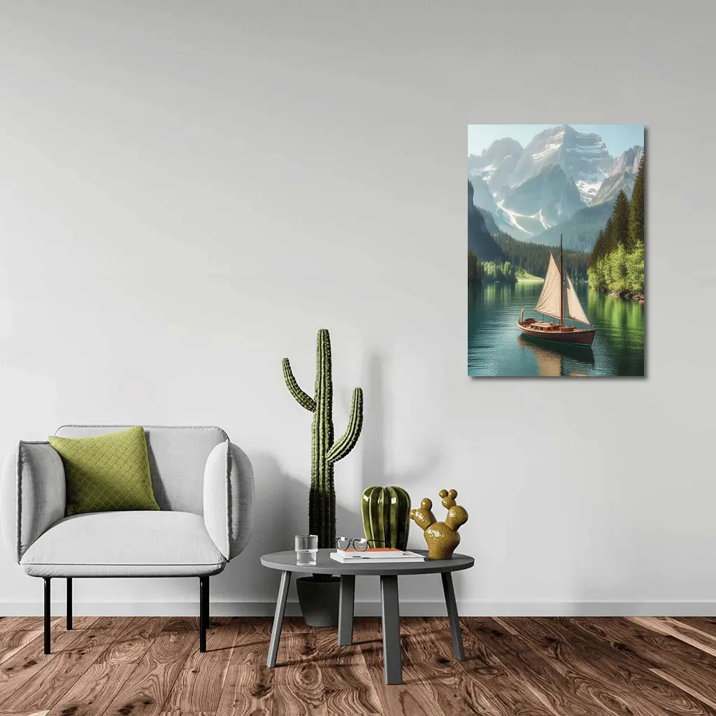 Sailboat on Calm Alpine Mountain Lake – Wall Art