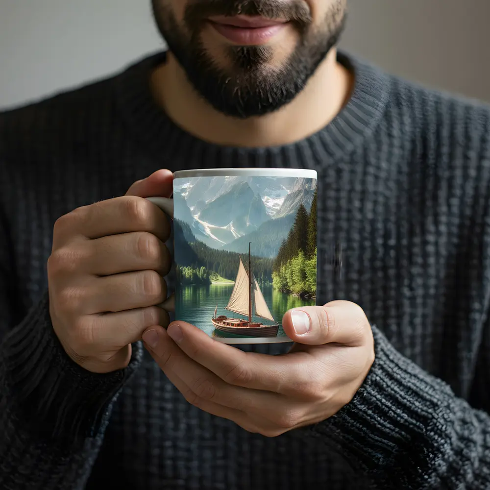Sailboat on Calm Alpine Mountain Lake – Mugs